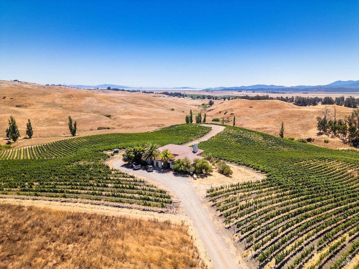 Aerial view showcasing the house amidst expansive vineyards and rolling hills.