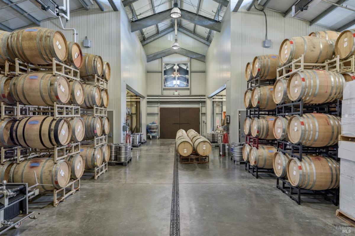 Winery interior with wooden barrels stacked on racks and a high ceiling.