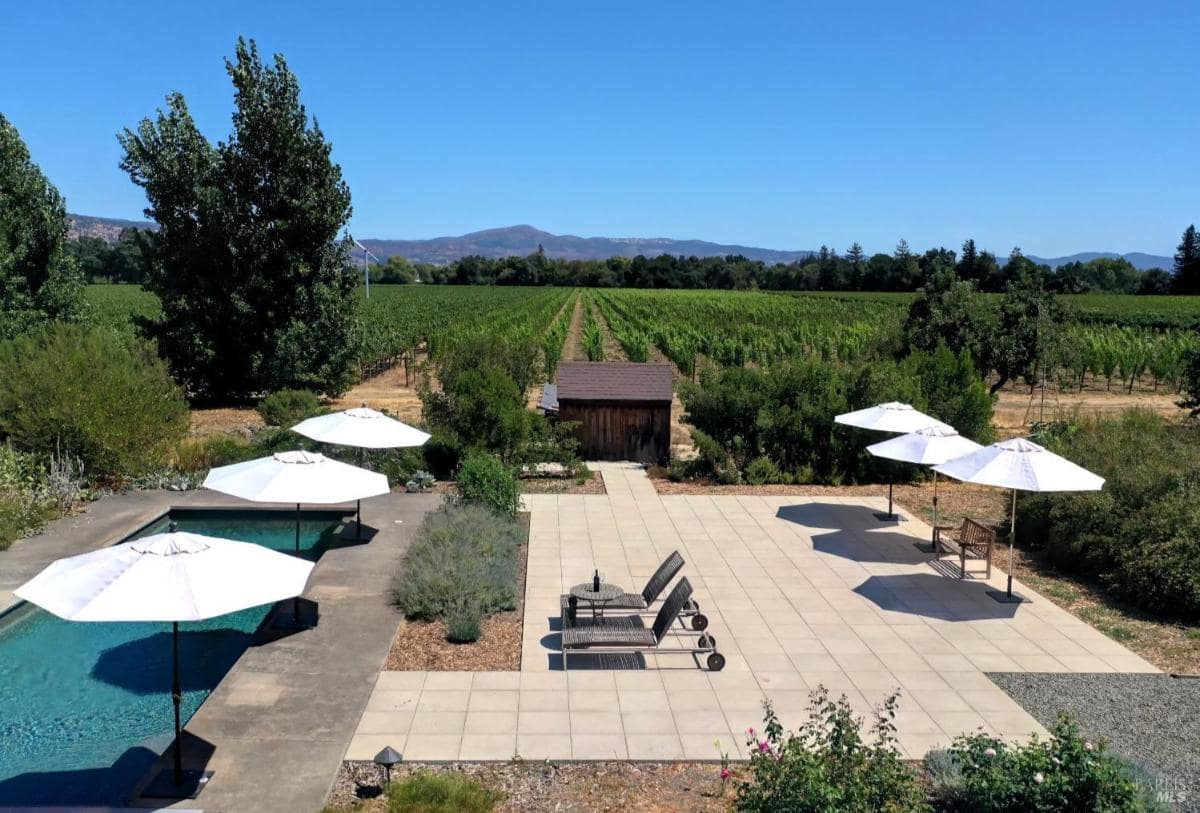 A swimming pool surrounded by a patio with white umbrellas and lounge chairs, with vineyards and mountains in the background.