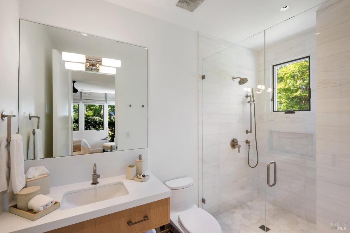 Bathroom with a walk-in shower, toilet, and a vanity with a rectangular mirror.