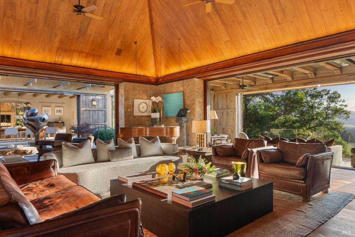 Living room with vaulted wooden ceiling, open walls, and leather seating.