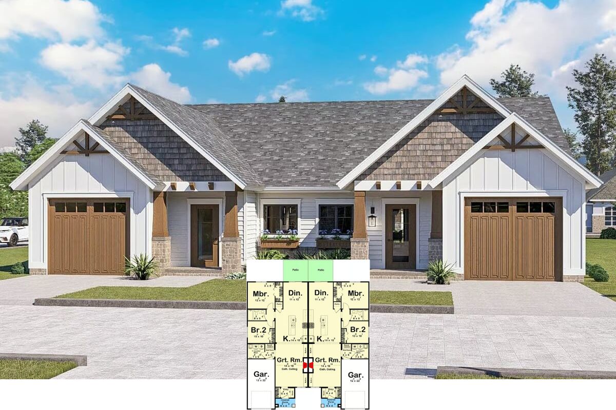 Craftsman-Style Duplex with Front Porch and 2 Matching Bed Units (Floor Plan)