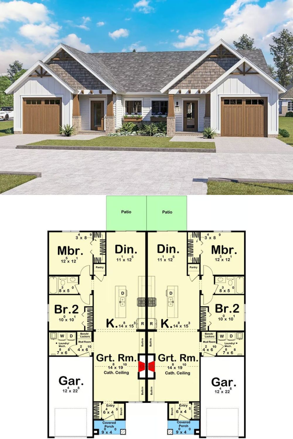 This craftsman-style duplex showcases a warm and inviting facade with vertical and horizontal siding, cedar shakes, and multiple gables adorned with decorative wood trims. Each unit includes 2 bedrooms, a full bath, and a single garage that connects to the home through the mudroom.