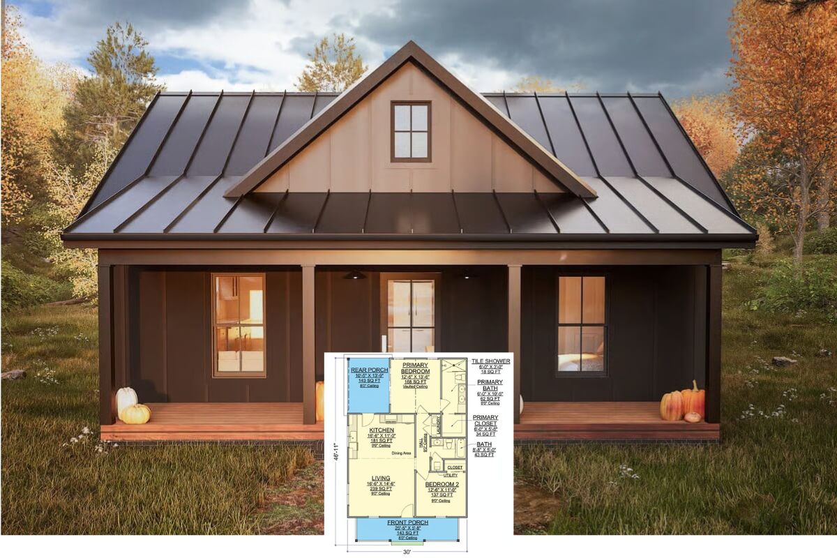 Country-Style 2-Bedroom Cottage with Covered Front and Back Porches (Floor Plan)