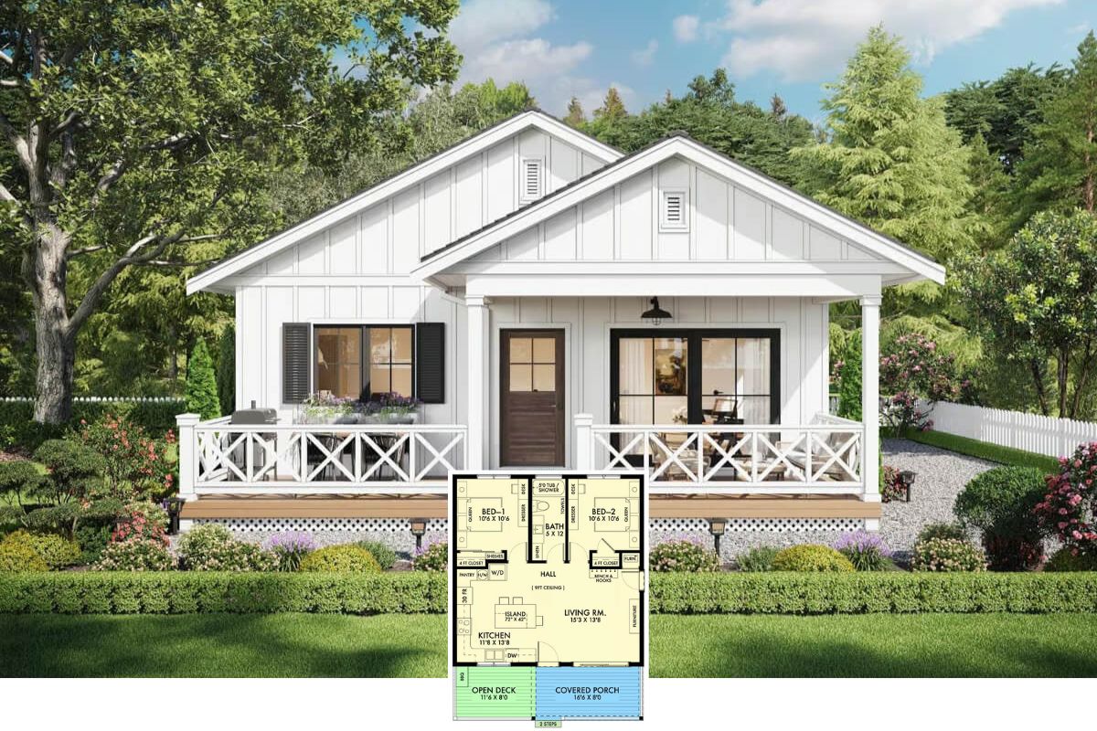 2-Bedroom Country Cottage with Front Porch and Open-Concept Living (Floor Plan)