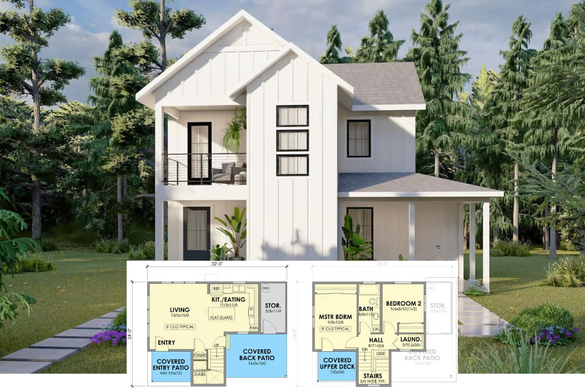 Modern Farmhouse-Style 2-Bedroom Cottage with Open Living Space and Covered Patios (Floor Plan)