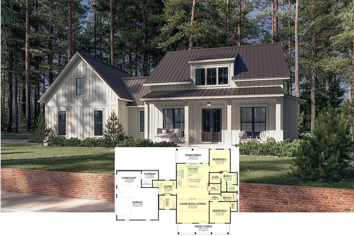 2-Bedroom Modern Farmhouse for a Corner Lot with Bonus Room (Floor Plan)