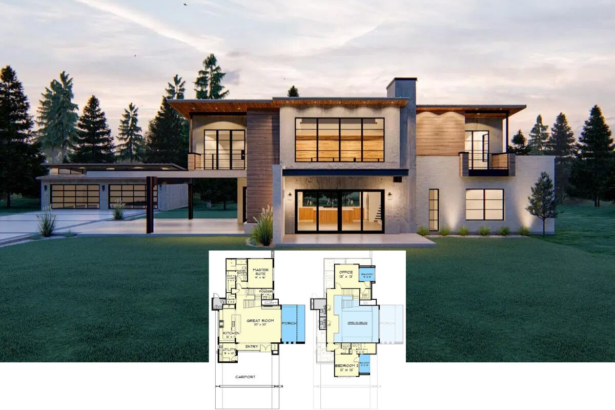 Modern-Style 2-Bedroom Home with Balconies and a 4-Car Detached Garage (Floor Plan)