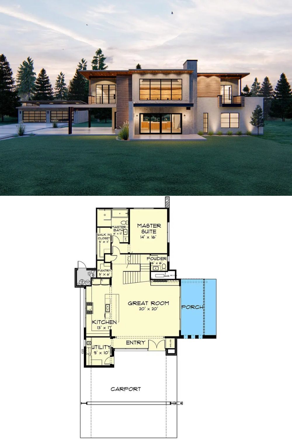 This striking modern home showcases a dramatic sloped roof with deep overhanging eaves, floor-to-ceiling windows that flood the interior with natural light, and a detached 4-car garage designed to match the home's contemporary style.