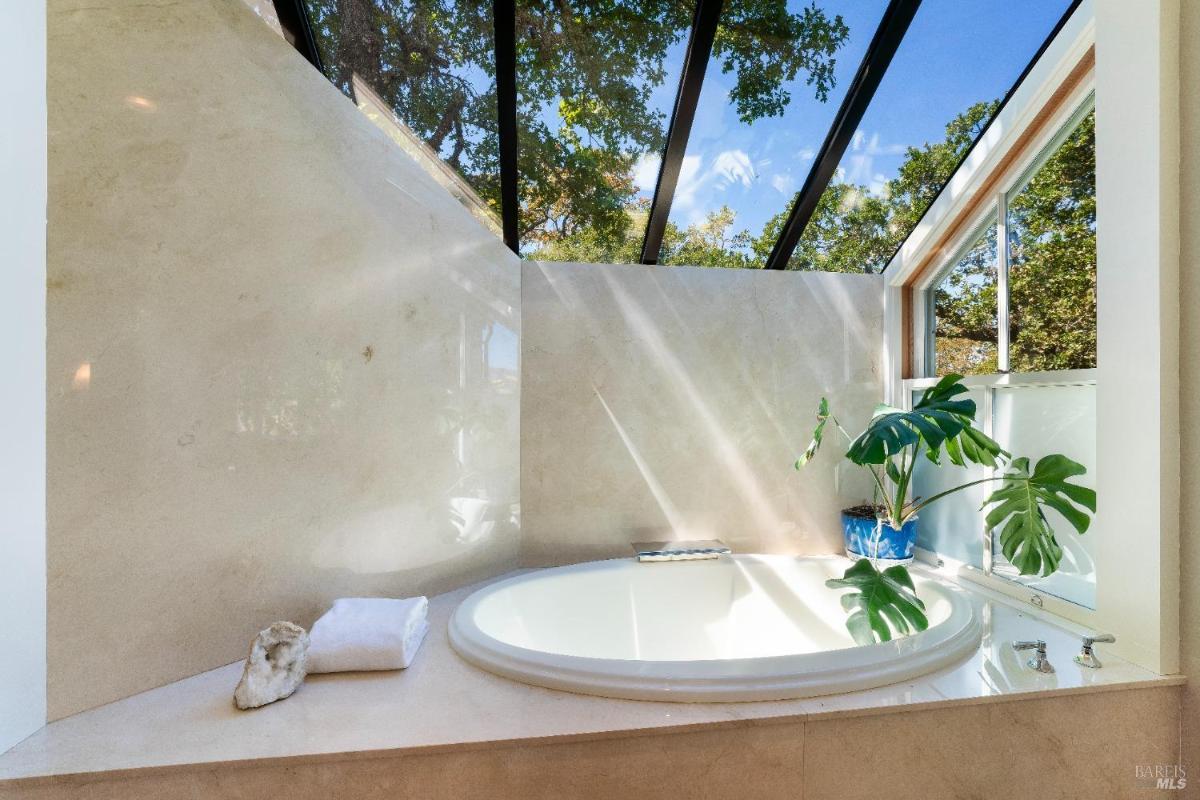 A round bathtub with a glass ceiling and surrounding windows.