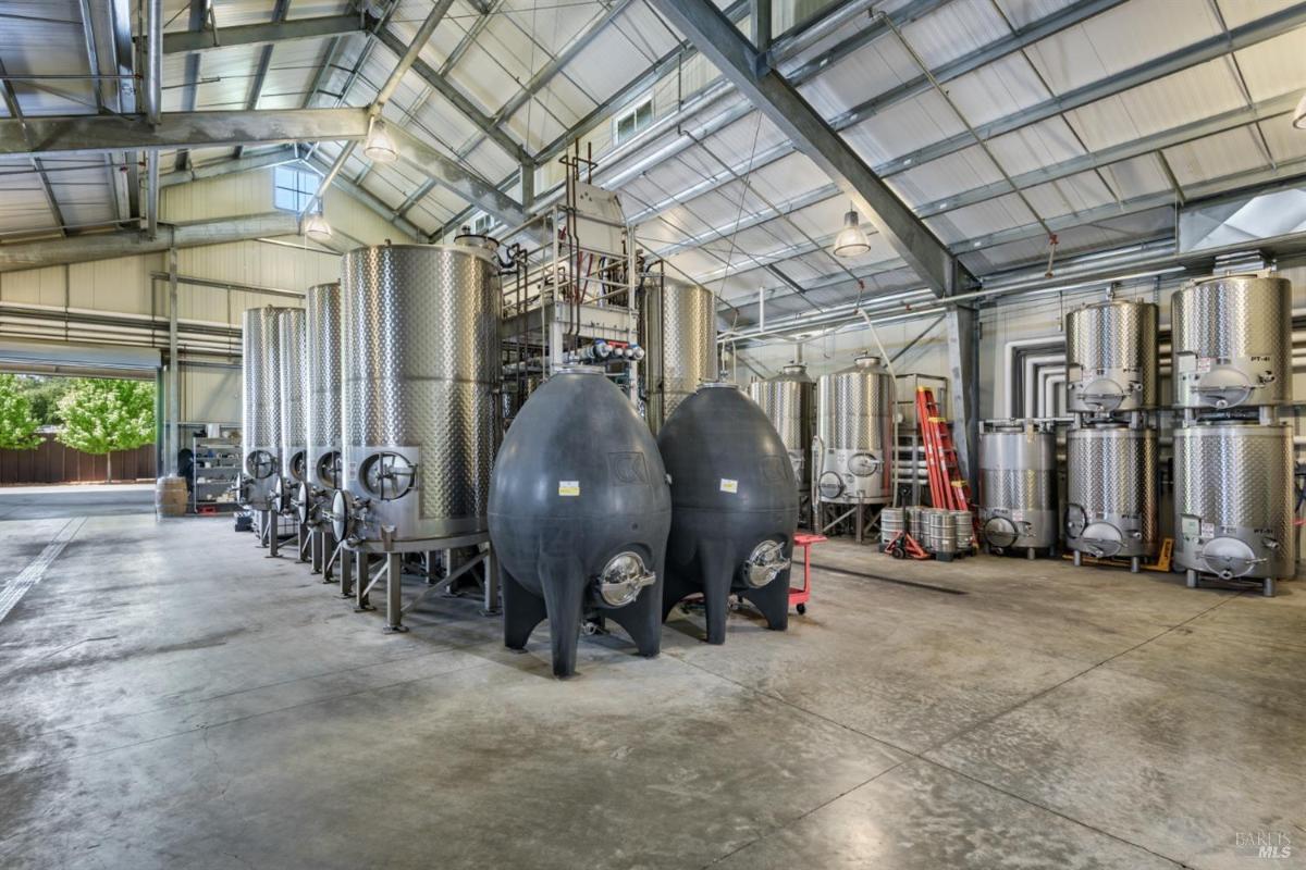 Winery facility with stainless steel tanks and black egg-shaped fermentation tanks.