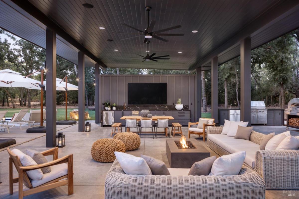 A covered outdoor lounge area with a fire pit, dining table, TV, and built-in grilling station.