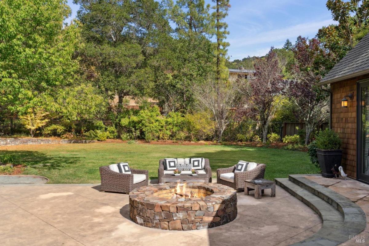 Backyard patio with a fire pit, surrounding seating, and a lawn.