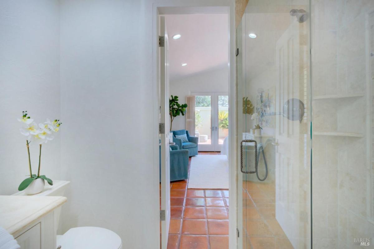 A bathroom with a shower and a view of the bedroom through a glass door.