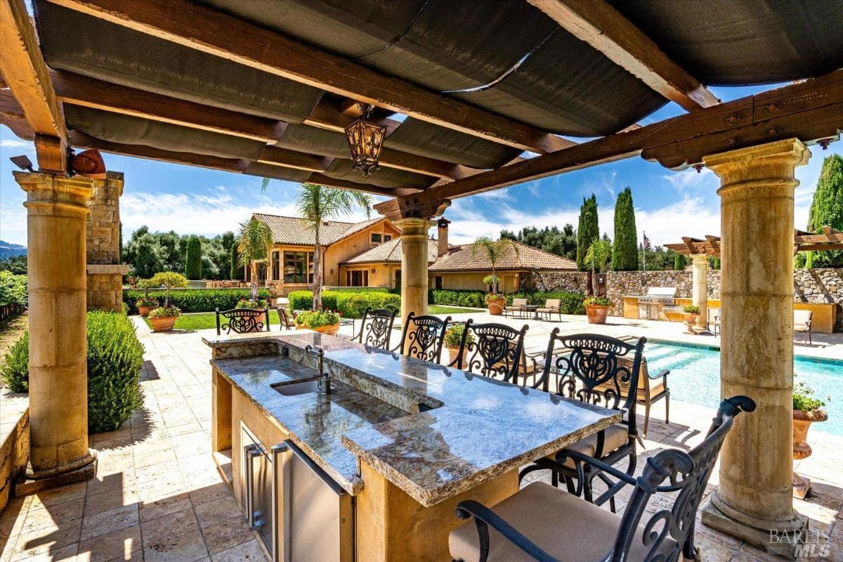 An outdoor kitchen facing the pool.