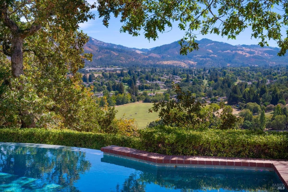 Infinity pool with views of green fields and distant hills.