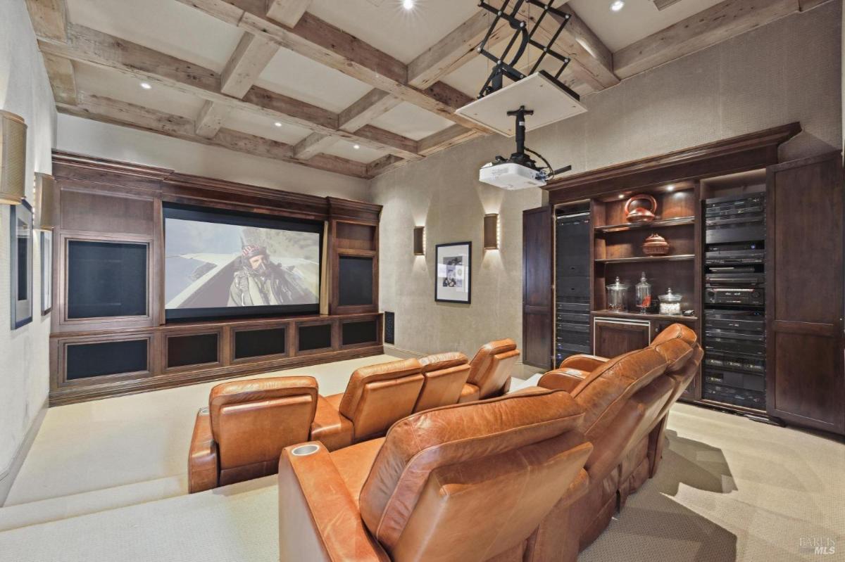 A home theater with leather recliners, a large screen, and a projector. 