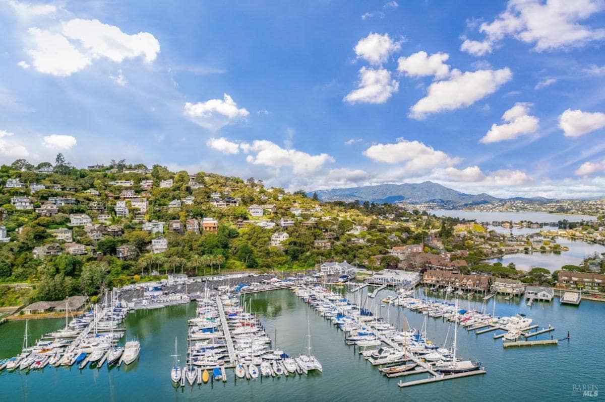 Aerial view of a marina with sailboats and hillside homes in the background.