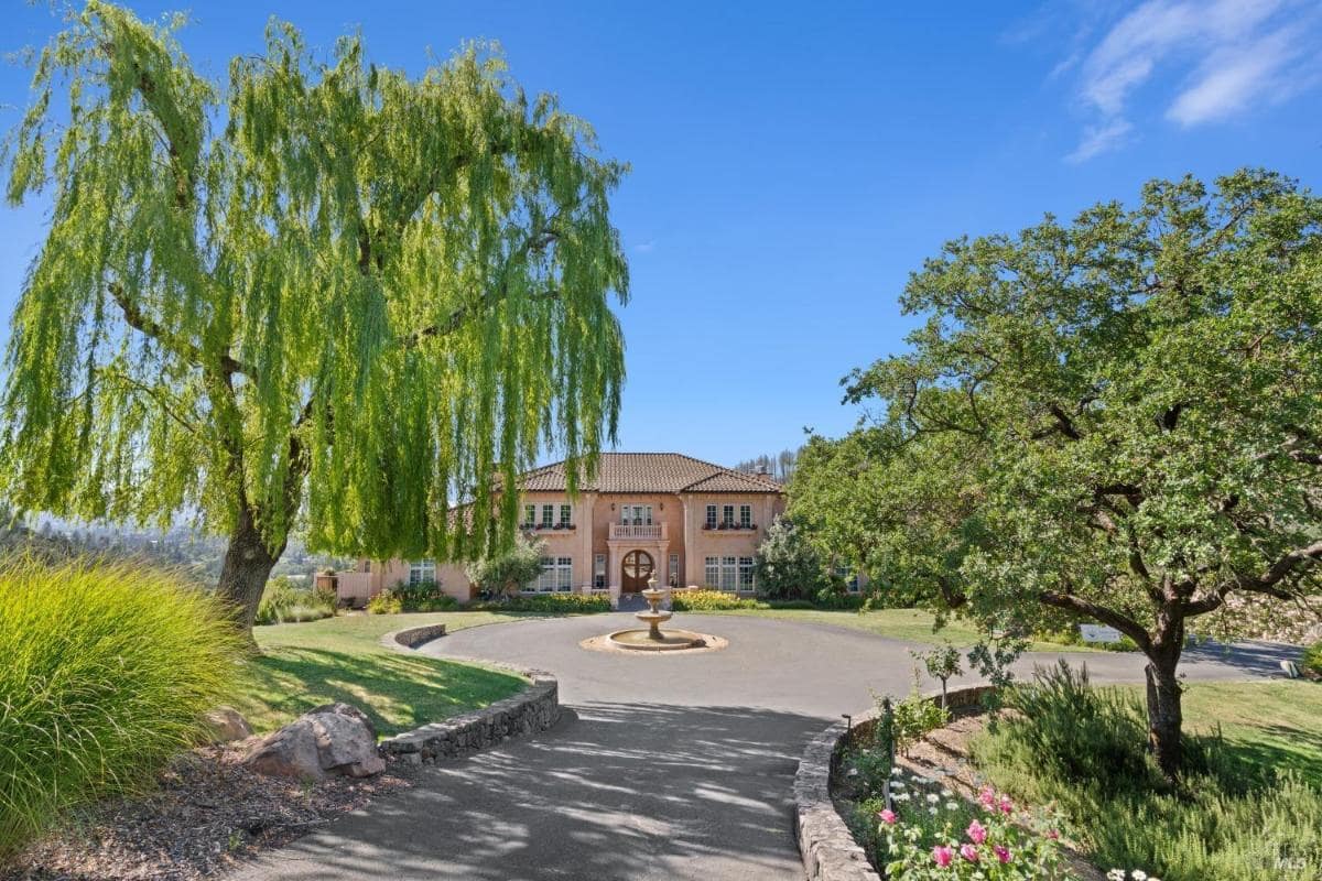 Driveway leads to the front of the home, framed by lush greenery and a majestic willow tree. 