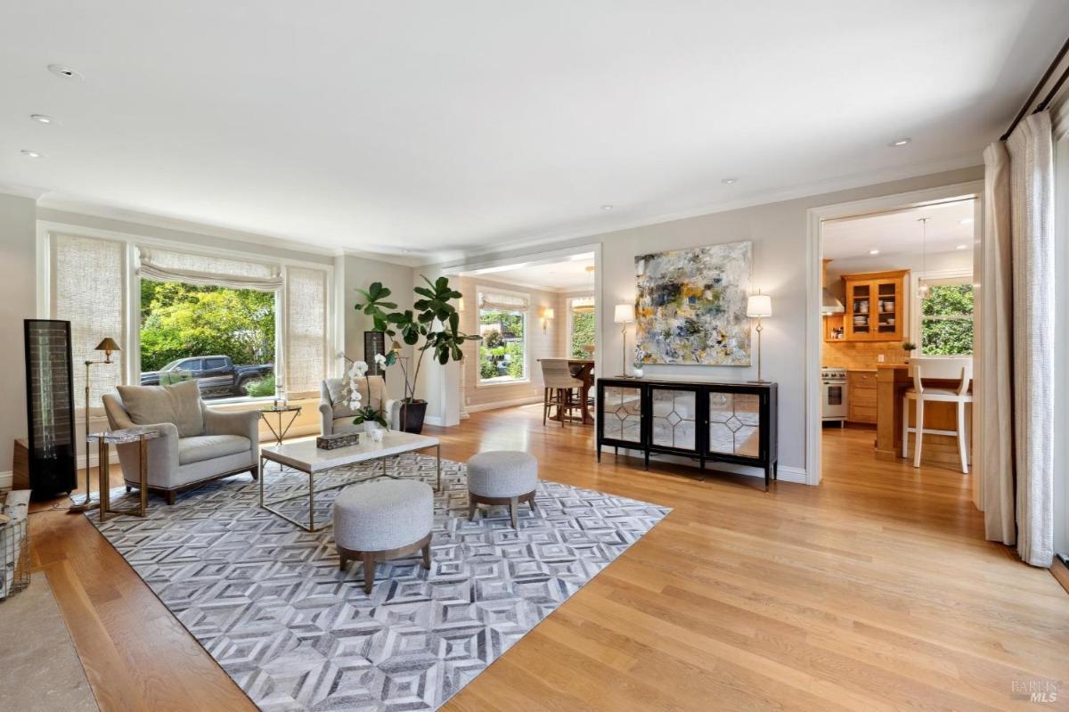 Open living space with a view of the dining area and kitchen.