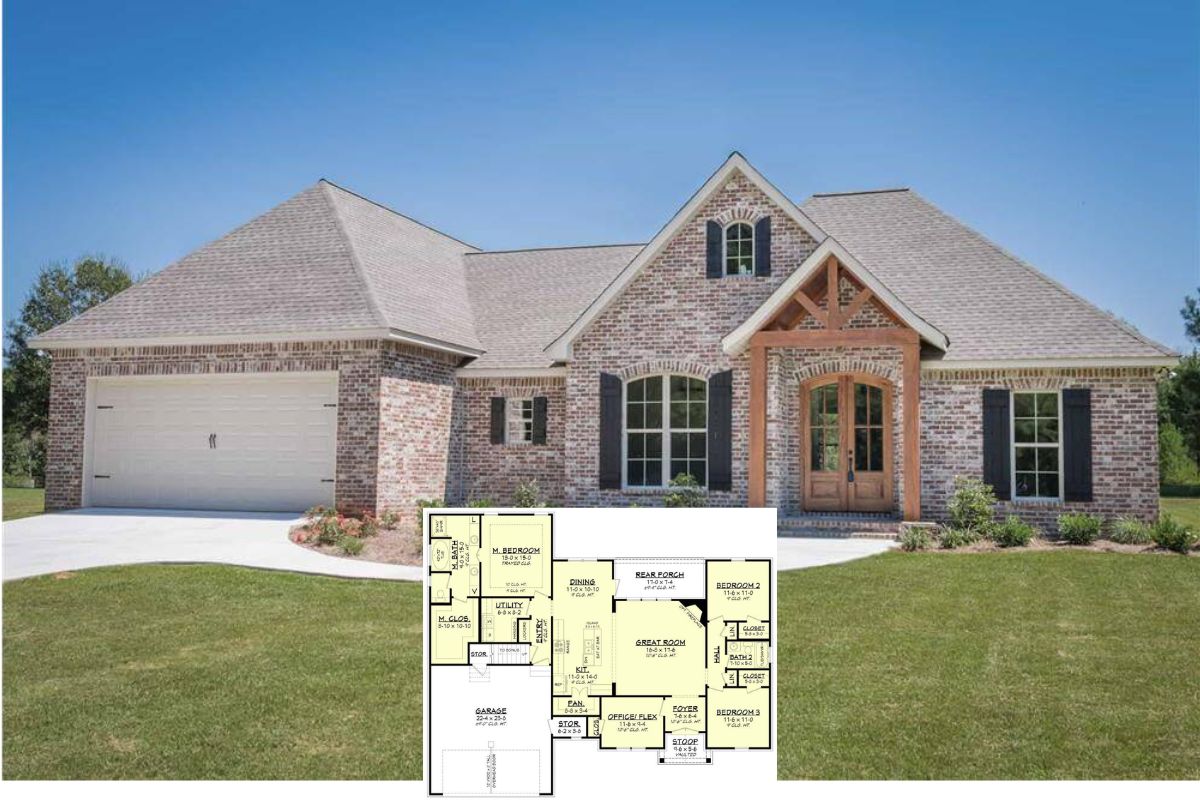 Acadian-Style 3-Bedroom Home with Bonus Room and Open-Concept Living (Floor Plan)