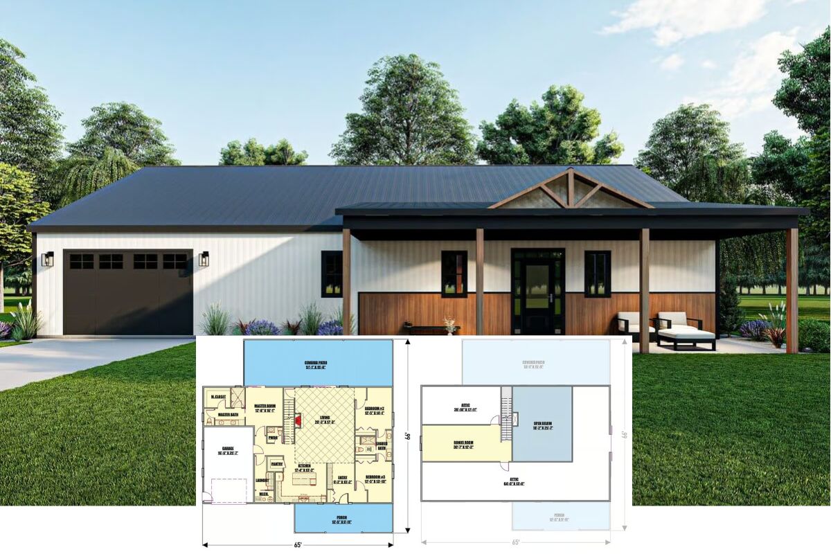 Barndominium-Style 3-Bedroom Home with Jack & Jill Bath and Upstairs Bonus Room (Floor Plan)