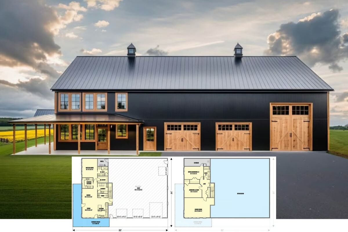 Barndominium-Style 3-Bedroom Home with Wraparound Porch and Bonus Room (Floor Plan)