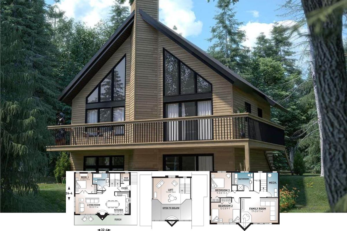 Contemporary-Style 3-Bedroom Lake House for a Sloped Lot with Loft and Wraparound Porch (Floor Plan)