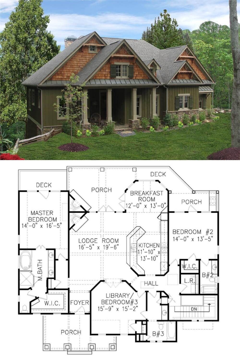 This 3-bedroom cottage embraces a warm, craftsman-inspired aesthetic highlighted by board and batten siding, shingle accents in the gables, and stonework at the foundation. The deep front porch creates an inviting entry while blending beautifully into the natural surroundings.