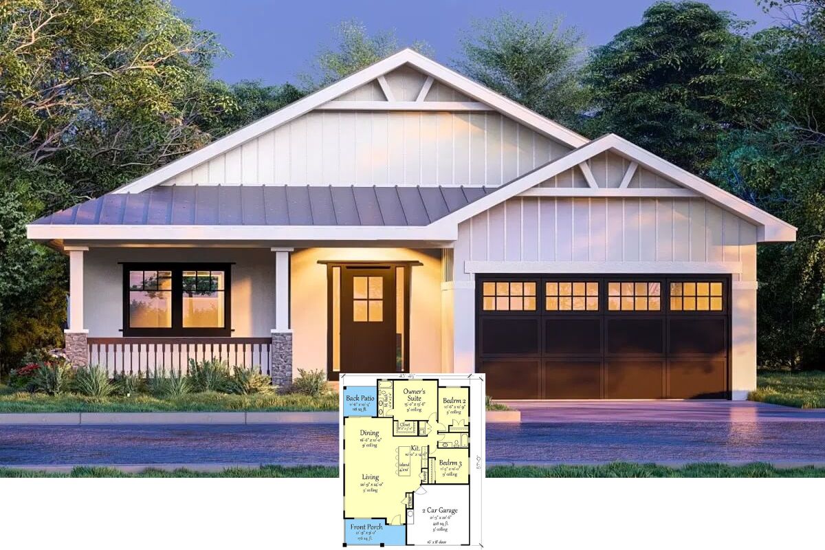 Country-Style 3-Bedroom Craftsman Home with Covered Front and Back Porches (Floor Plan)