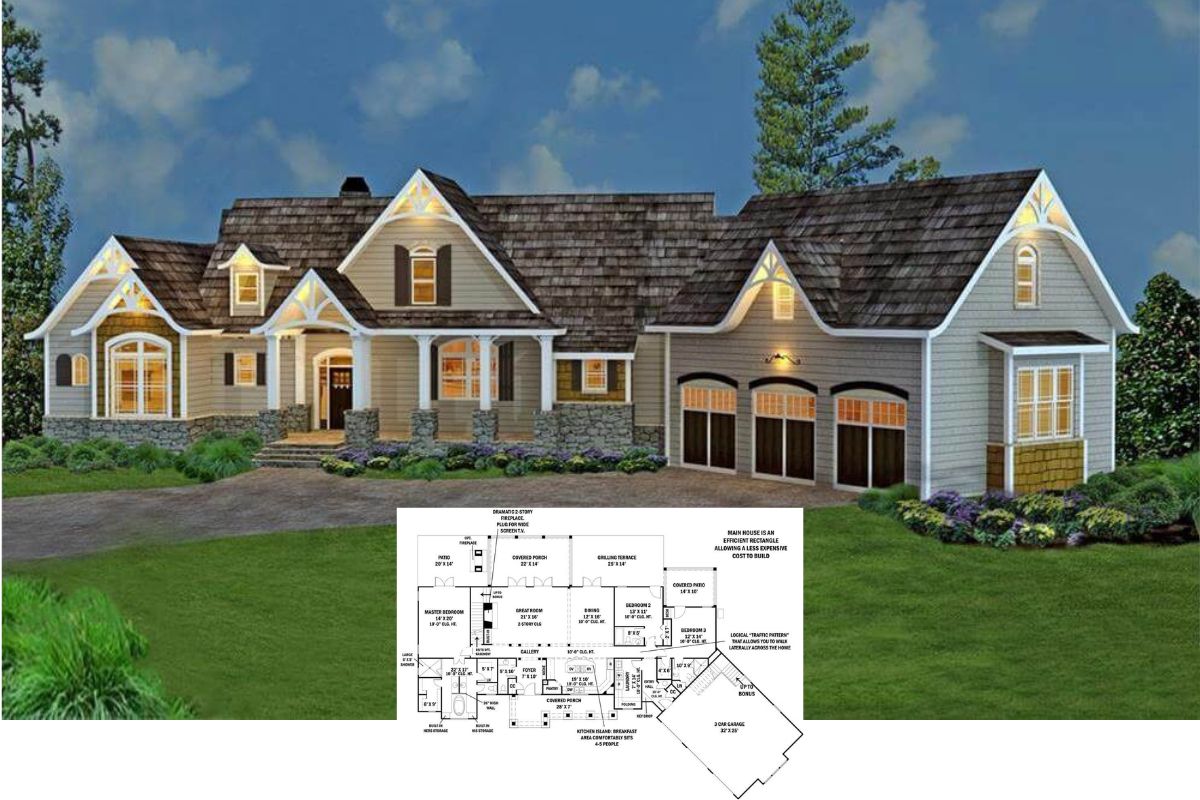 Country-Style 3-Bedroom Craftsman with Bonus Room and In-Law Suite Above the Angled Garage (Floor Plan)