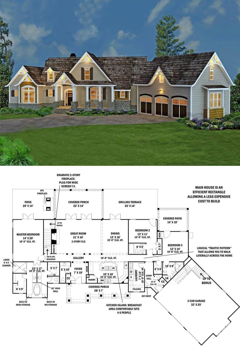 This country craftsman home radiates rustic charm with its horizontal lap siding, stone accents, shuttered windows, and graceful gables adorned with decorative trims. It includes a pillared front porch and an angled 3-car garage with an in-law suite above complete with a kitchenette and a full bathroom.