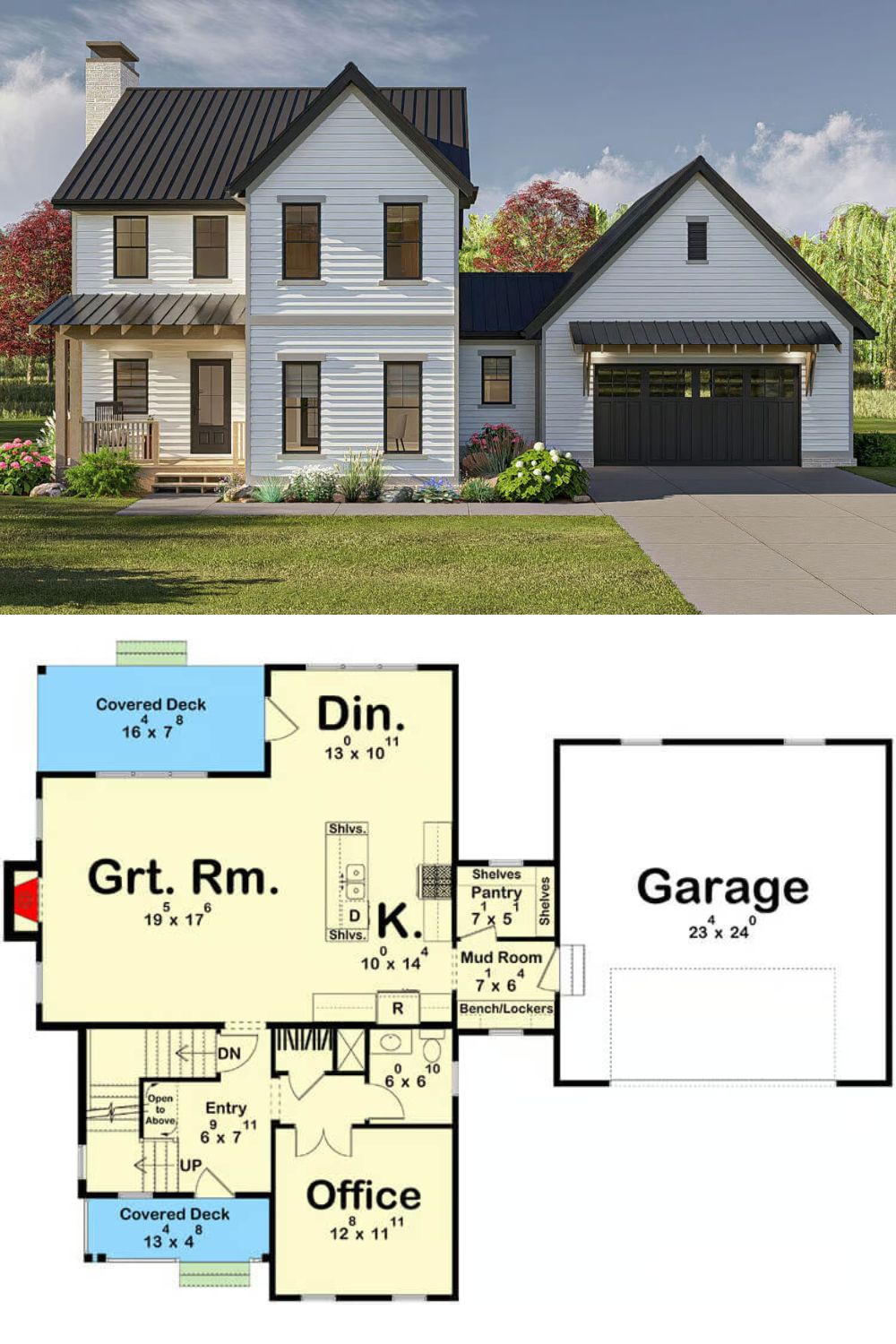 This 3-bedroom country farmhouse blends rustic charm with contemporary style featuring horizontal lap siding, standing seam metal roofs, exposed rafters, and an inviting front porch framed with timber posts and railings. A 2-car front-loading garage provides convenient access through a mudroom.