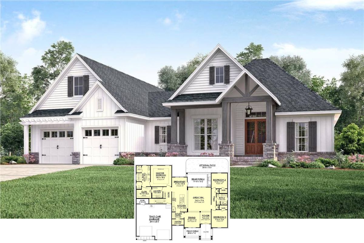 Country-Style 3-Bedroom Home with Open Living Area and Bonus Room (Floor Plan)