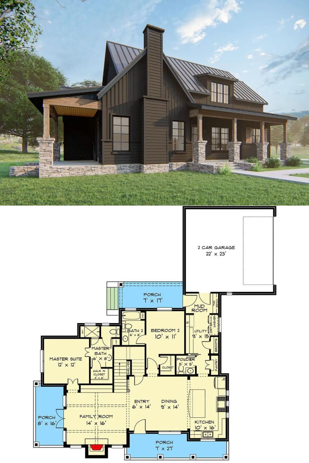 This 3-bedroom farmhouse plan features an inviting facade enhanced by a harmonious mix of horizontal and vertical siding, complemented by covered porches on nearly every side of the home, offering ample opportunities for outdoor relaxation.