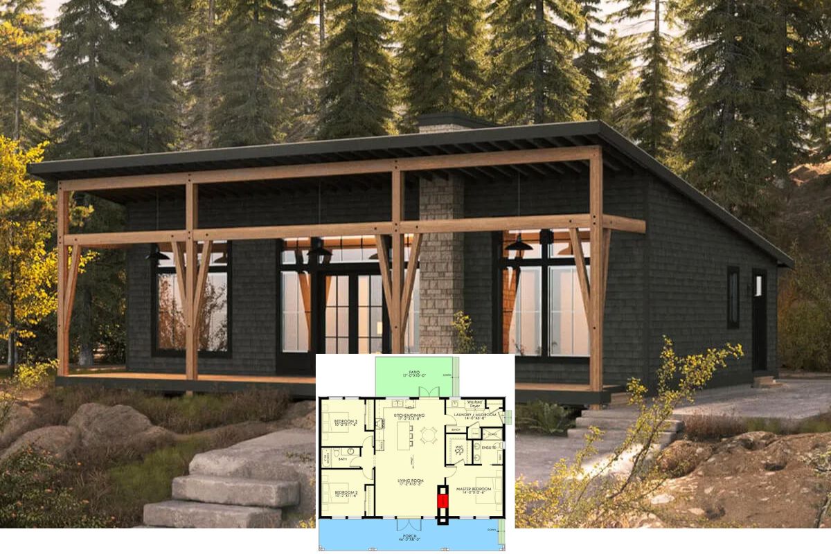 Modern 3-Bedroom Cottage with Covered Front Porch and Open-Concept Living (Floor Plan)