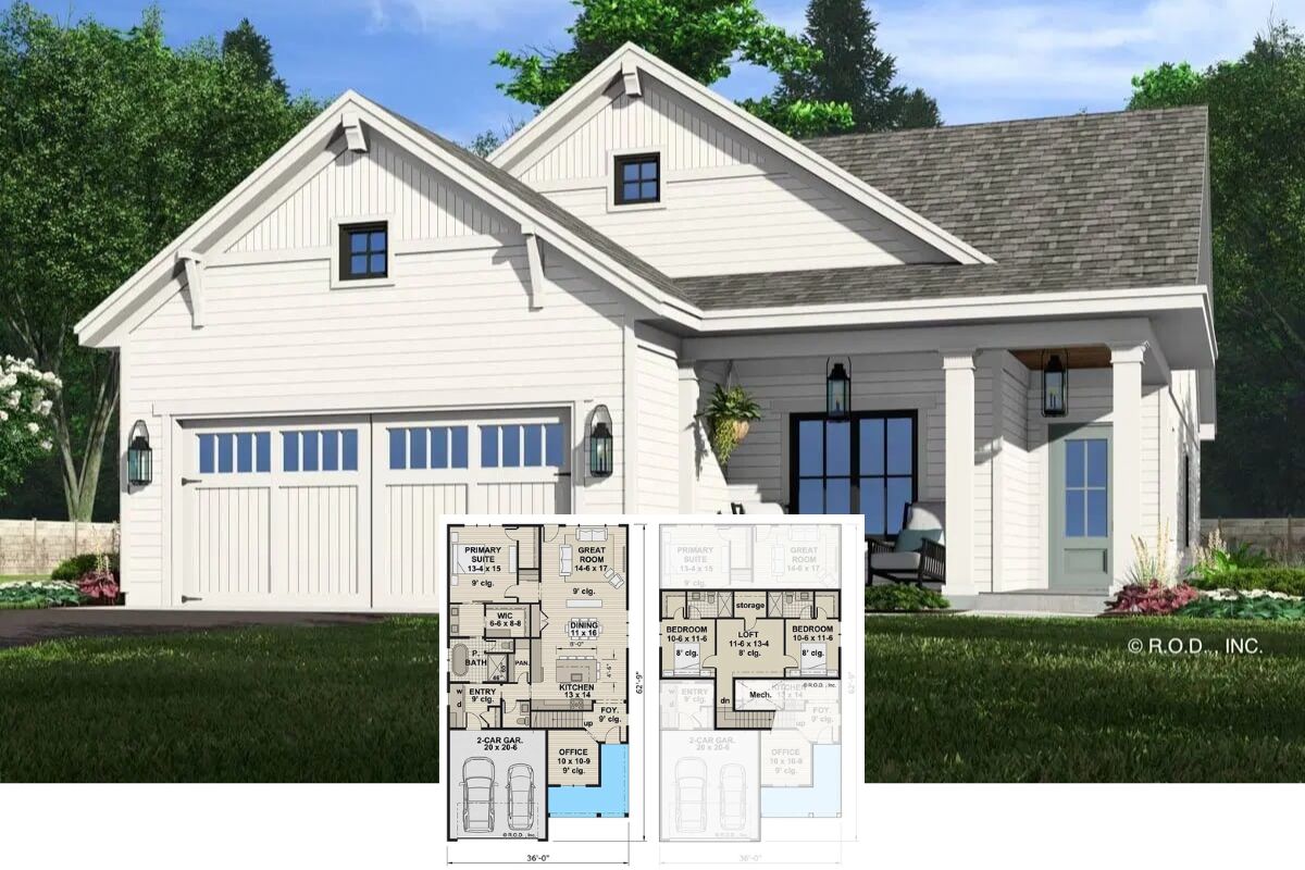 Modern Farmhouse-Style 3-Bedroom Bungalow with Loft and 2-Car Garage (Floor Plan)