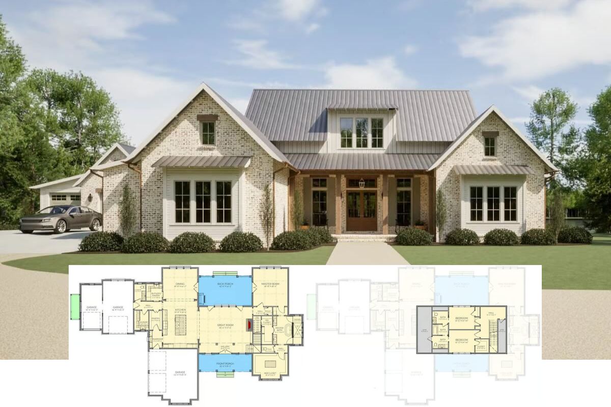 Modern Farmhouse-Style 3-Bedroom Brick Home with Multiple Garages and Jack & Jill Bath (Floor Plan)