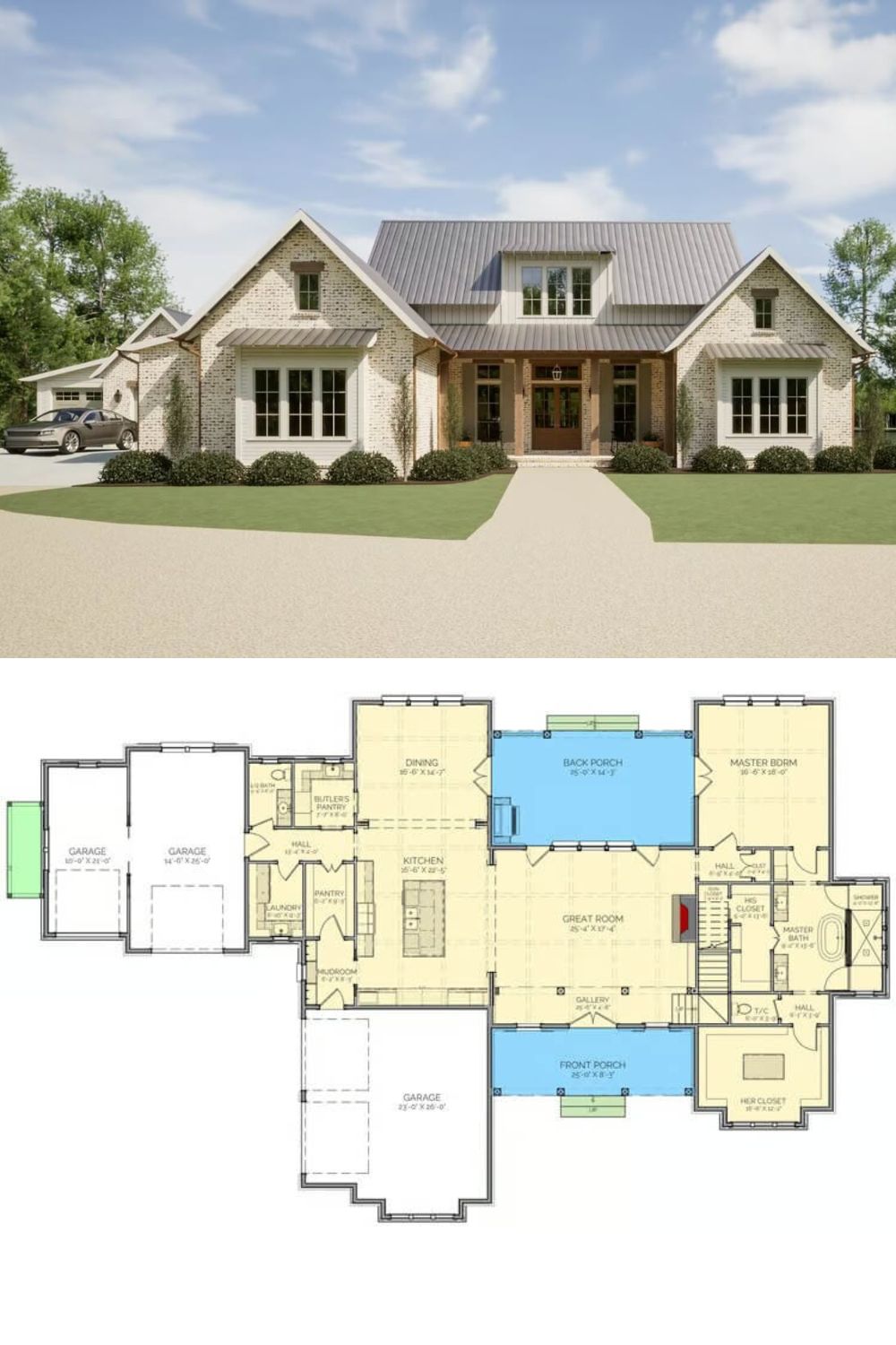 A stately brick exterior and a metal roof combine to give this 3-bedroom modern farmhouse timeless appeal with a modern twist. Gabled rooflines and generous windows add visual interest, while a spacious front porch with stately columns creates a welcoming entry. Two double garages on the left side add to the home's curb appeal and provide practical access points.