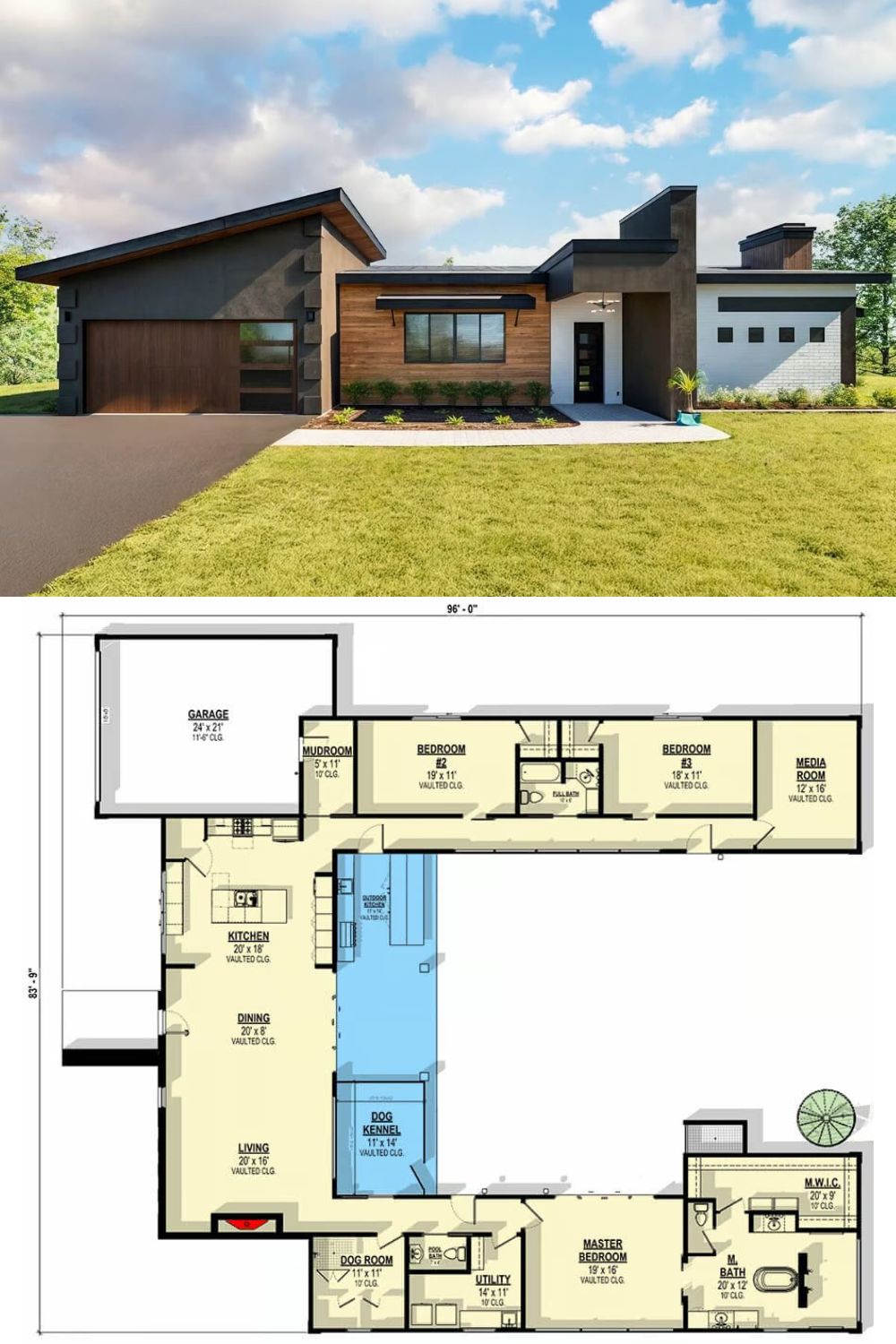 This 3-bedroom modern home features a bold mix of clean stucco and warm wood accents, creating striking curb appeal. Subtle roof variations and sleek lines reinforce the modern aesthetic, while expansive windows invite natural light. A covered entry leads to an eye‐catching front door, and the attached garage provides convenient access through a practical mudroom.