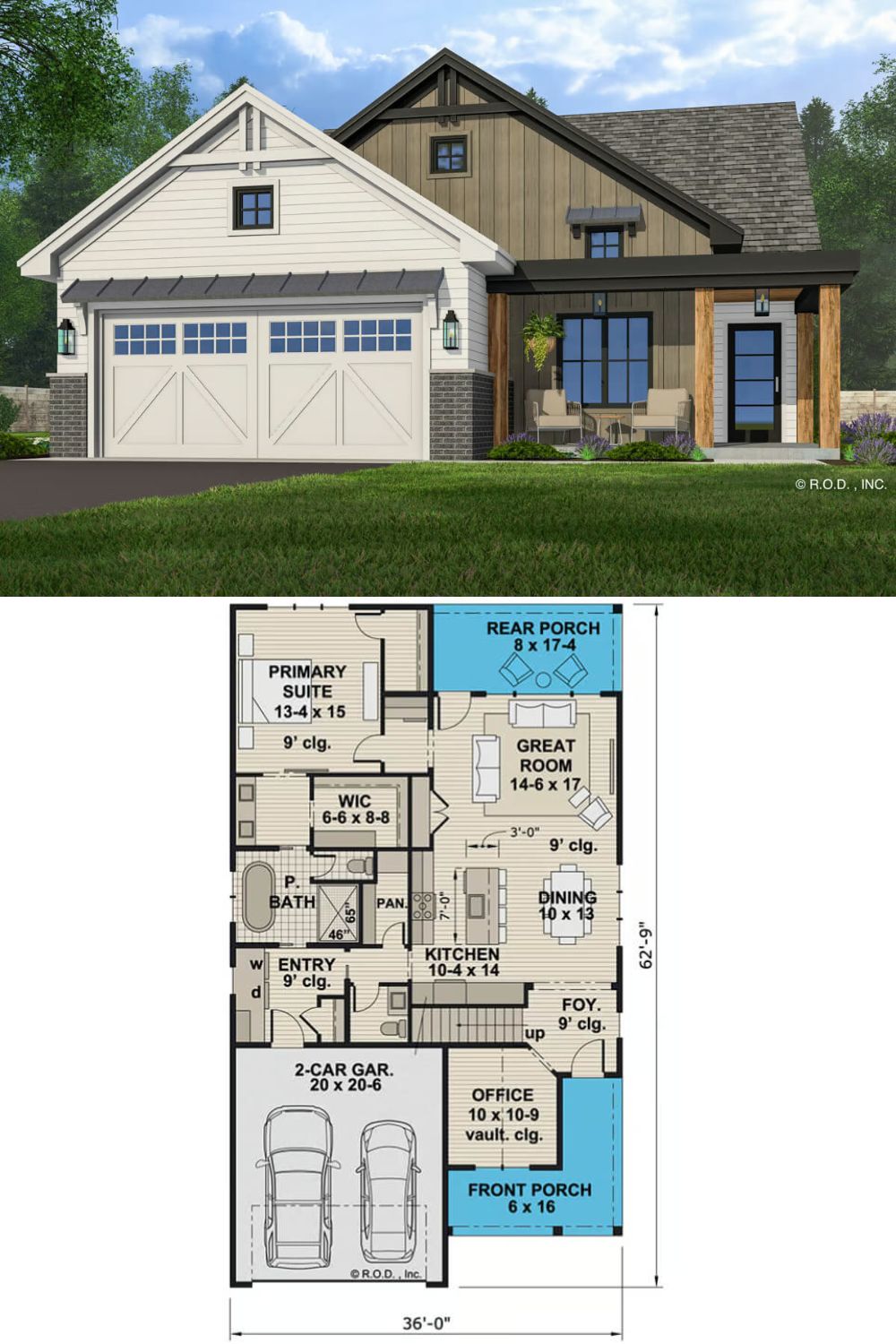 This 3-bedroom New American home seamlessly blends modern appeal with rustic charm, featuring a striking mix of vertical and horizontal siding, brick accents, and timber posts that frame the inviting front porch. A double front-loading garage provides convenient access through a practical mudroom.