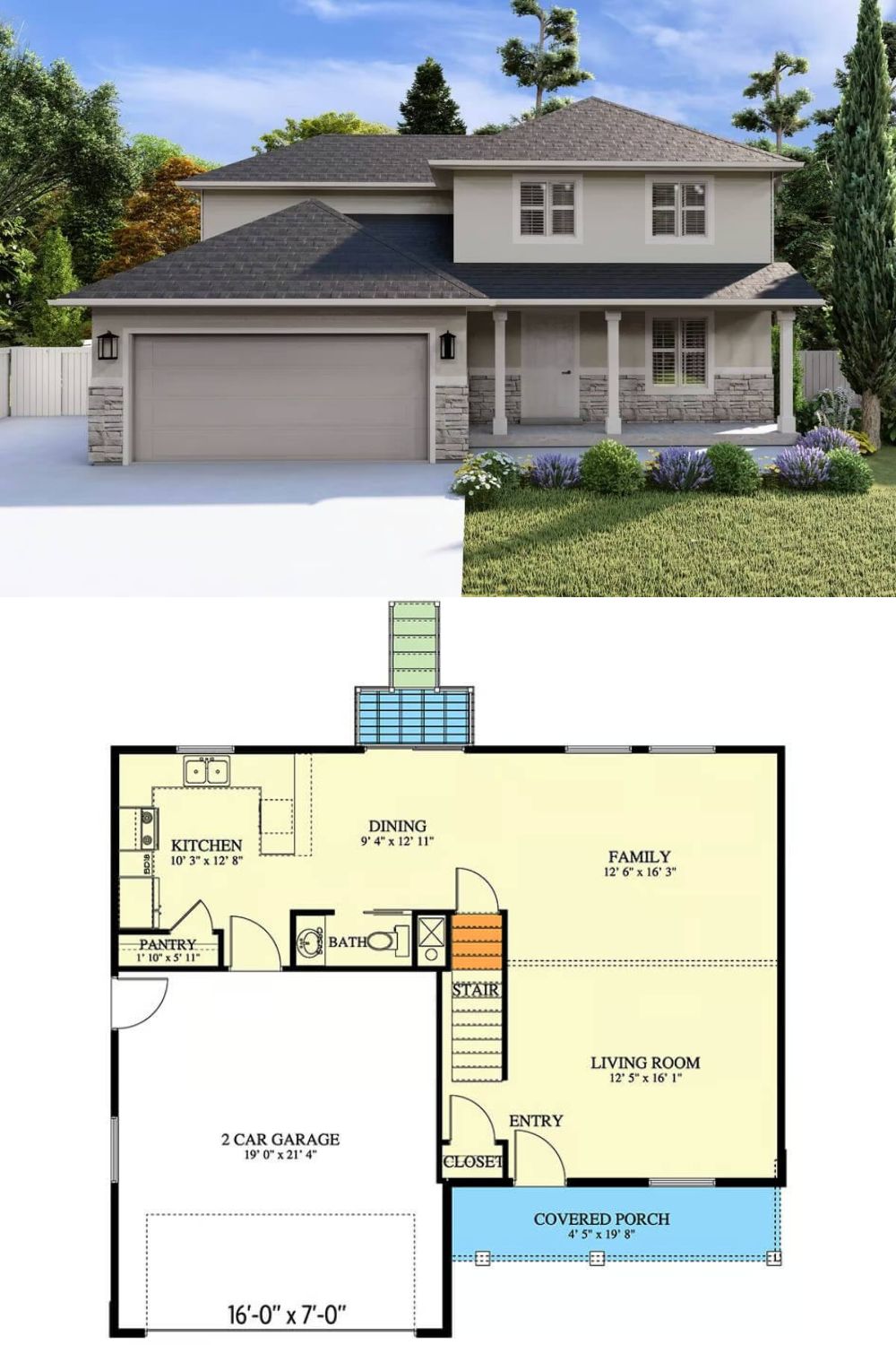 This 3-bedroom traditional home presents a clean, fresh look thanks to its balanced blend of stucco and stone accents. A covered porch supported by simple columns spans the front, creating an inviting entry and a perfect spot for outdoor seating. The attached 2-car garage is seamlessly integrated into the facade adding to the home's curb appeal.