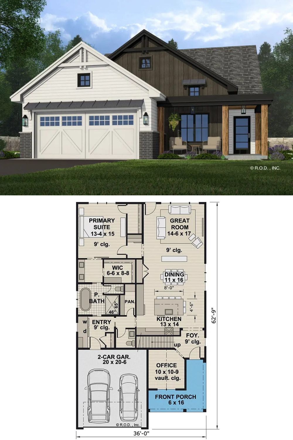 Vertical and horizontal siding, brick accents, and an inviting front porch framed with rustic pillars give this transitional New American home an exquisite curb appeal. A double front-loading garage connects to the home through a mudroom.