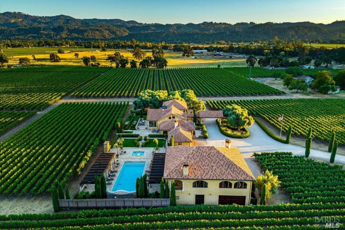 Aerial view of a mansion with a vineyard in the background.