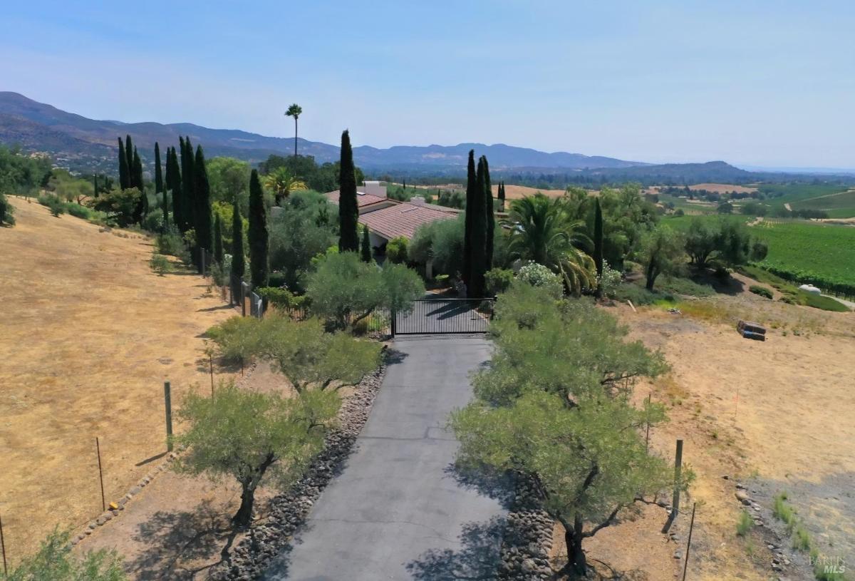 Gated driveway lined with trees leading to a property surrounded by hills.