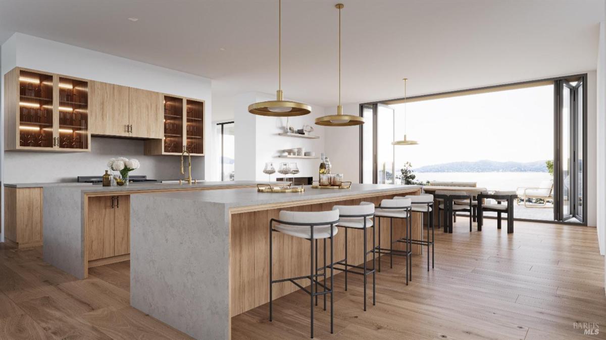 Modern kitchen with wooden cabinets and a large island. 