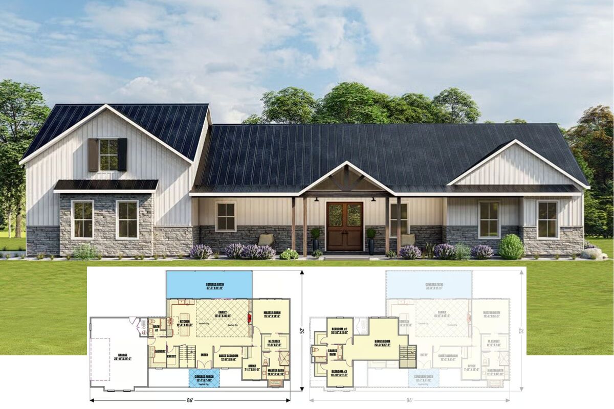 4-Bedroom Barndominium with Bonus Room and Jack & Jill Bathroom (Floor Plan)