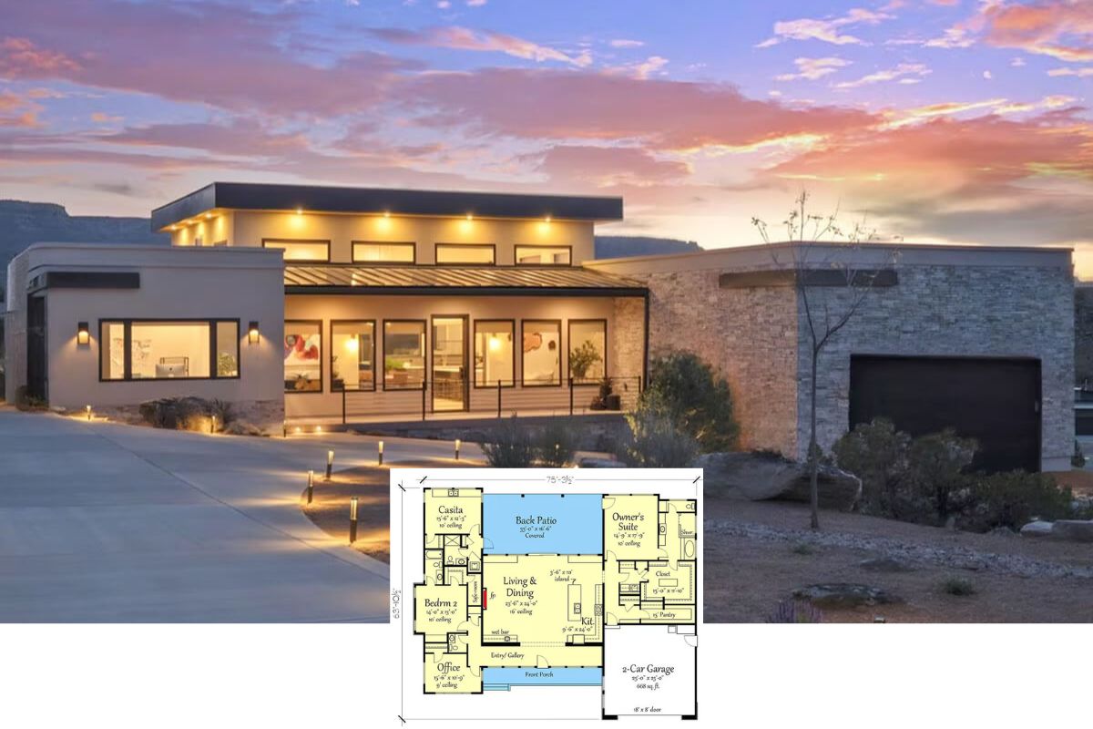 Contemporary-Style 4-Bedroom Ranch with Wet Bar and Covered Patio (Floor Plan)