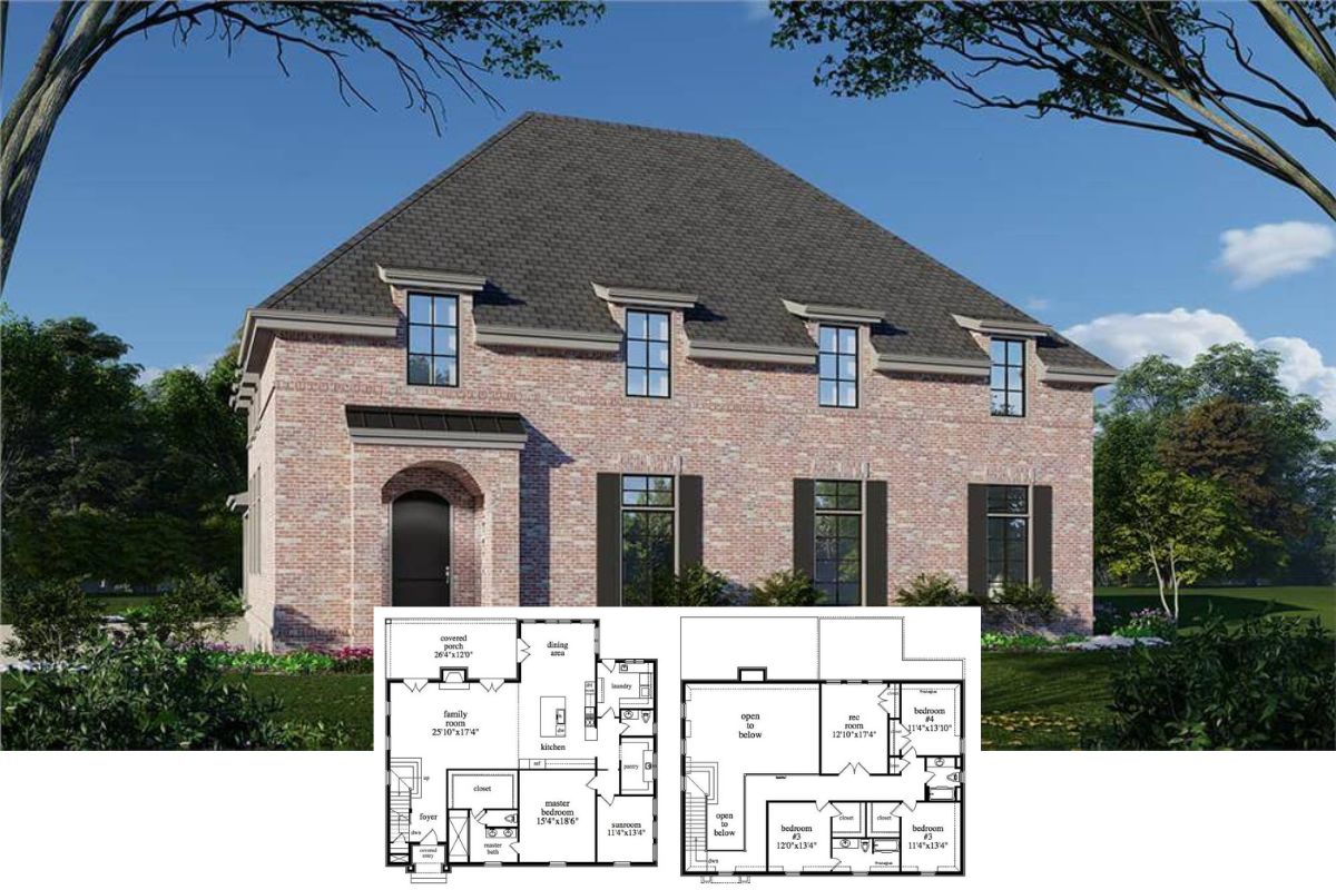 4-Bedroom French-Country Style Home with Balcony and Covered Patio (Floor Plan)