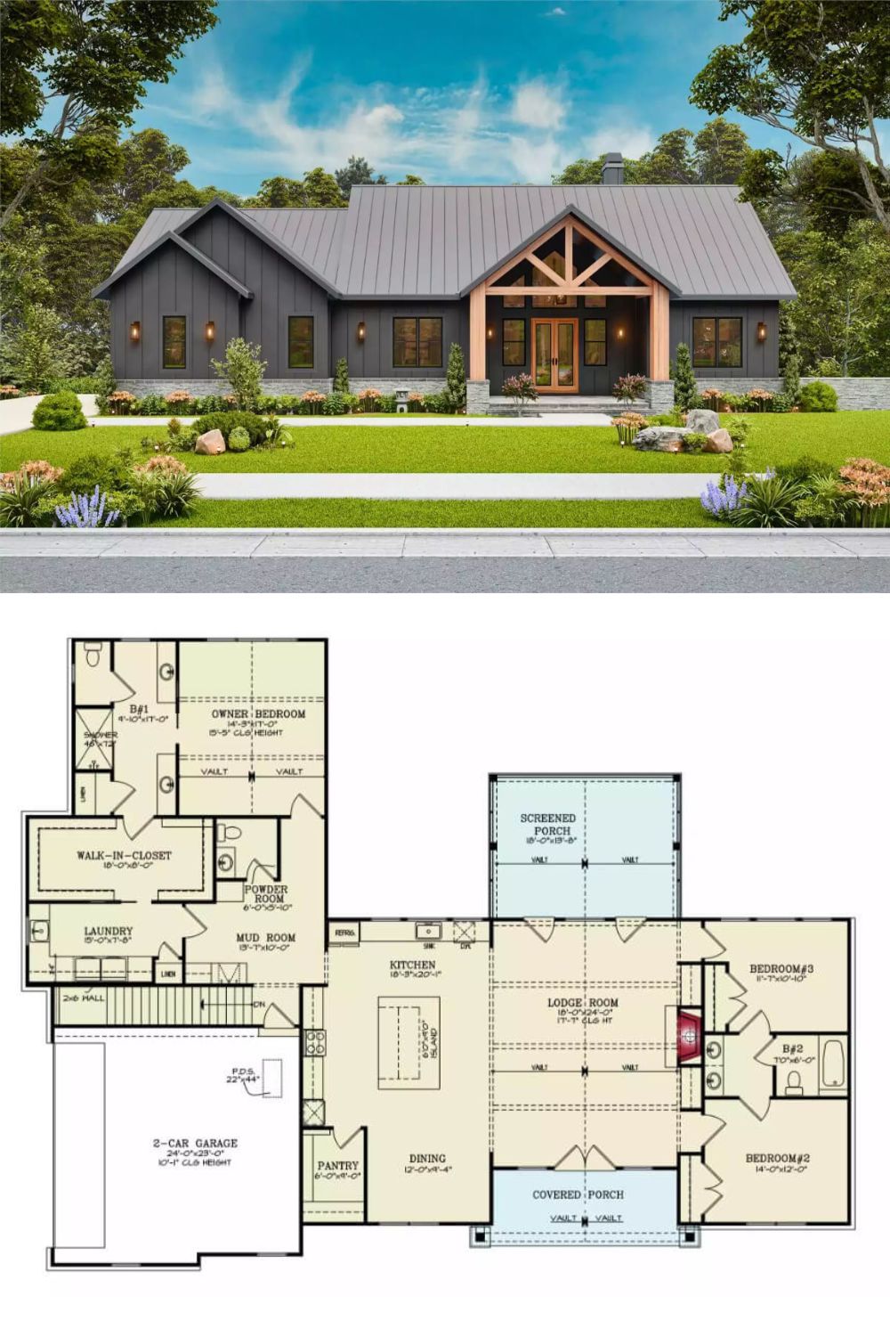 This 4-bedroom craftsman home showcases a striking blend of dark board and batten siding, standing seam metal roofs, and rustic stone and timber accents.